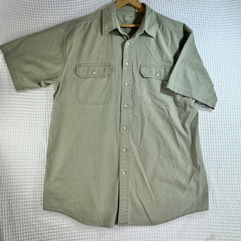 LL Bean Mens Large Tall Short Sleeve Button Down Utility Shirt Sage Green VTG - Picture 3 of 10